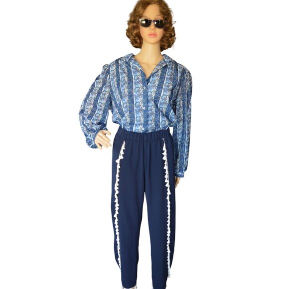 NWT Green Envelope Navy Blue Tulip Harmen Pants White Tassels Womens Small Boho - Picture 10 of 10